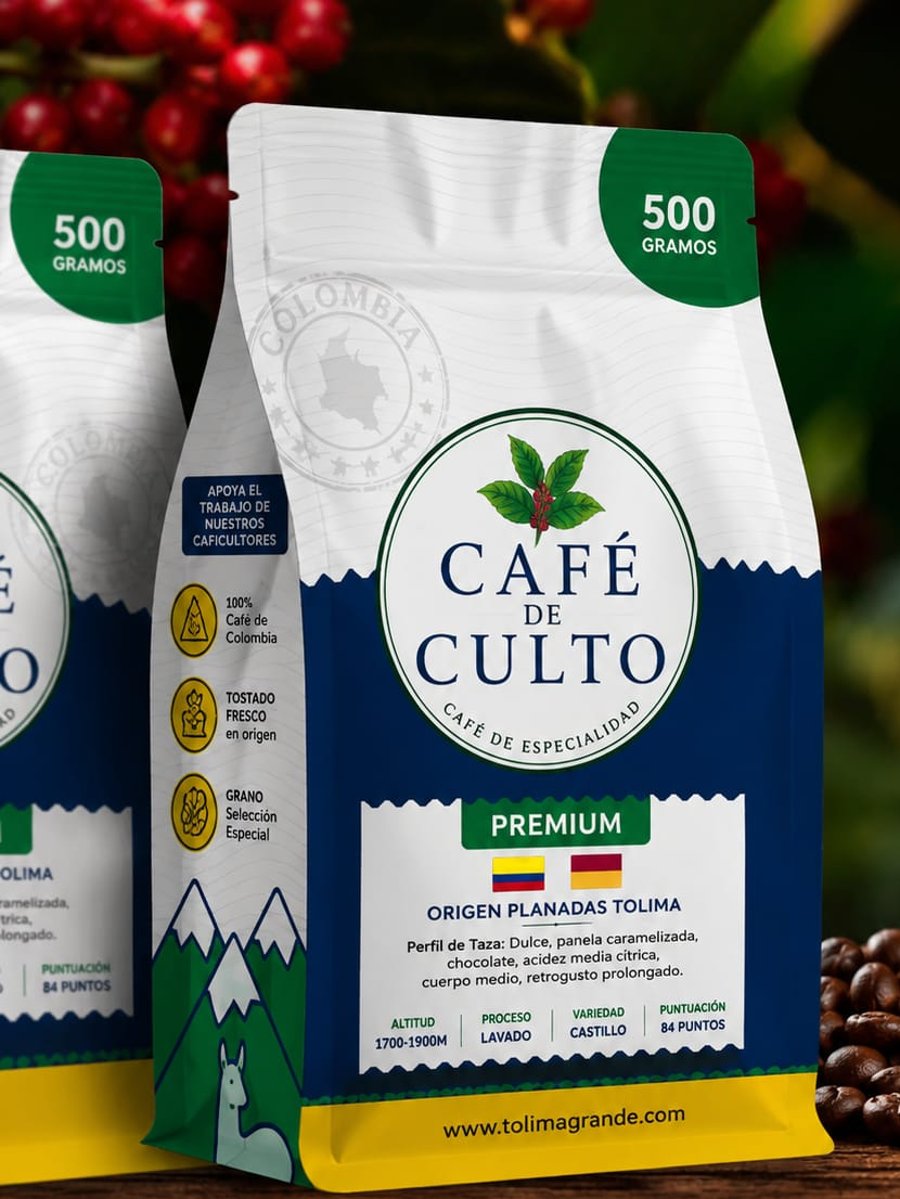 Bolsa de Café de Culto, presentación de 500 gramos, origen Planadas Tolima, Colombia
